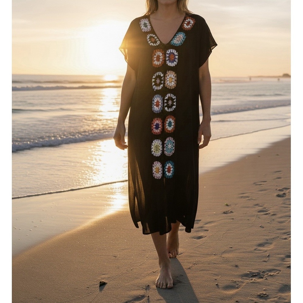Vince Camuto Size-O/S Crochet Front Caftan Beach Cover Up Black